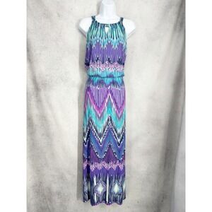 Chico's Size 1 Boho Purple Teal Ikat Sleeveless Halter Maxi Dress Size Medium